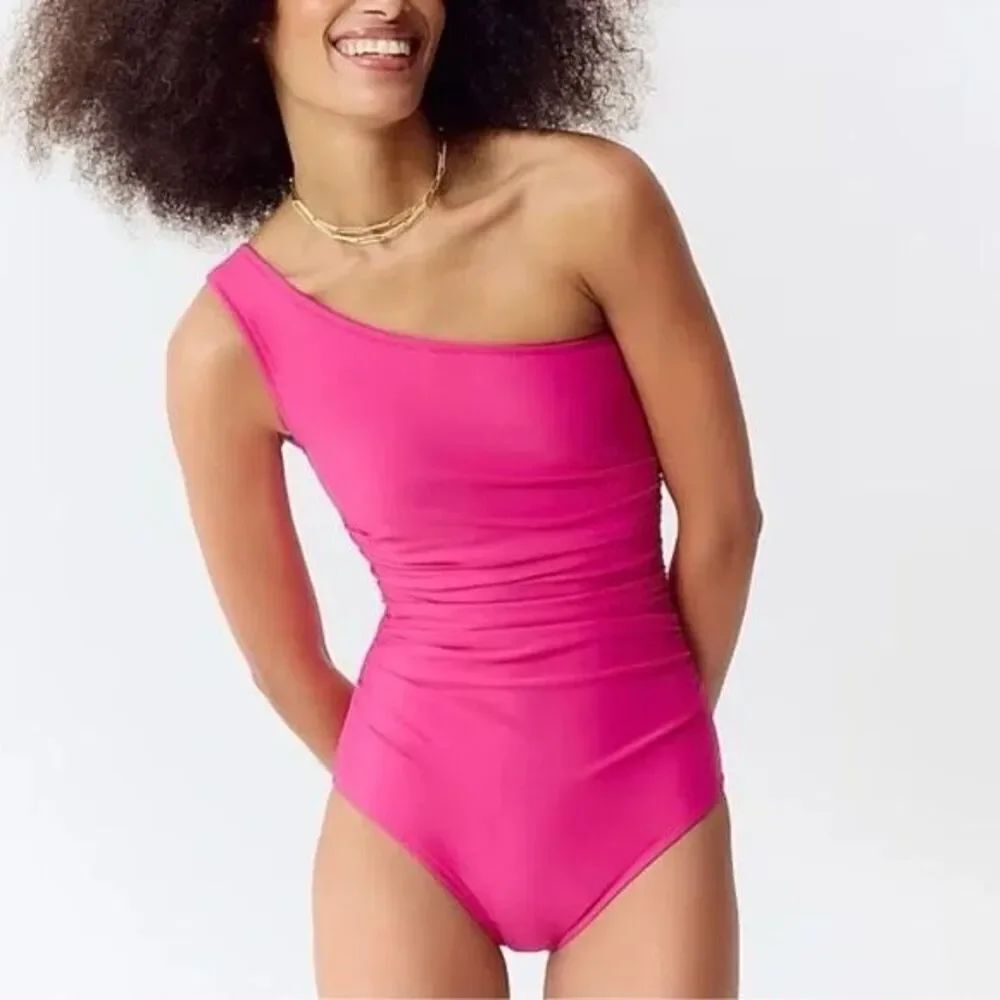 J. Crew Plus Size 24 One Shoulder Swimsuit Hot Pink Barbiecore Cinch Sides NWT